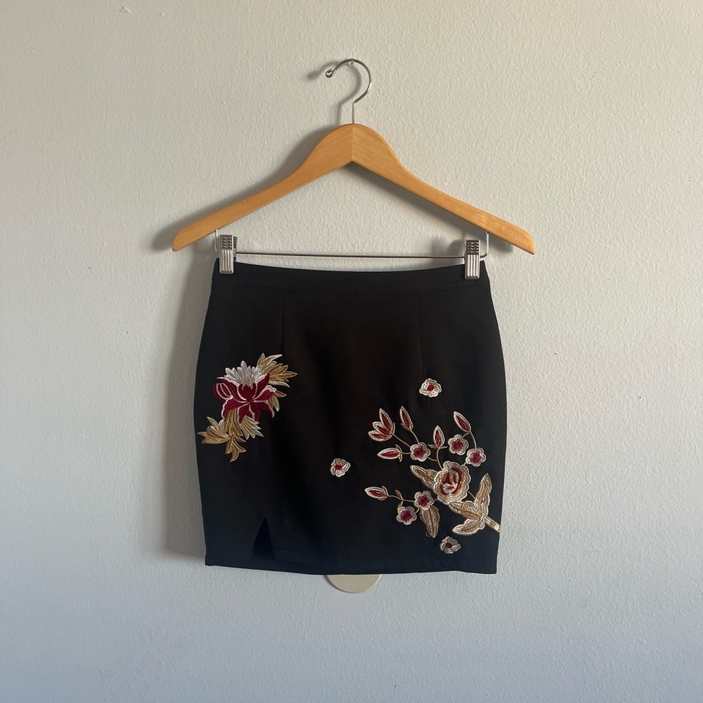 Black Skirt with Embroidered Floral Design
